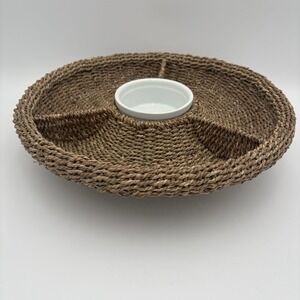 Pottery Barn SEAGRASS CHIP & DIP SERVING TRAY 16" ROUND DIVIDED w/ CERAMIC BOWL